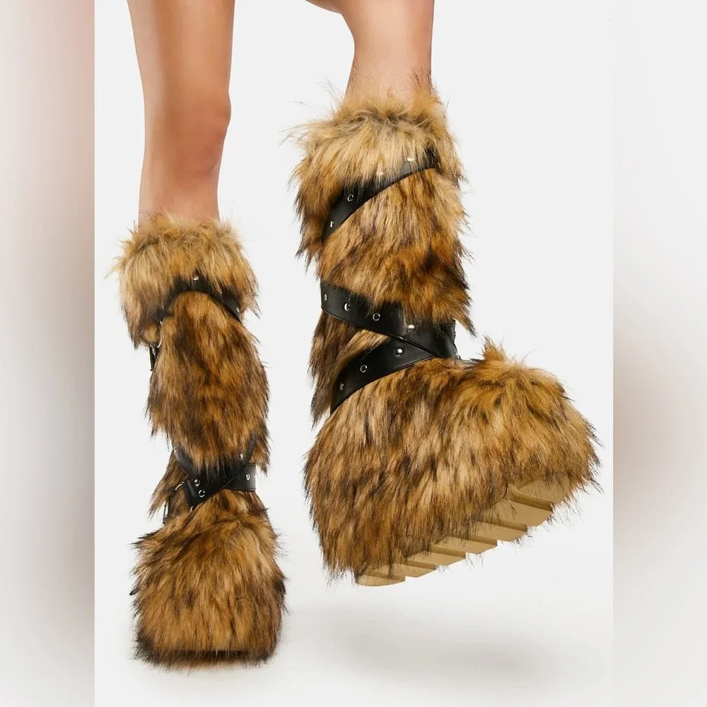 Brown knee high fur platform boots size 6